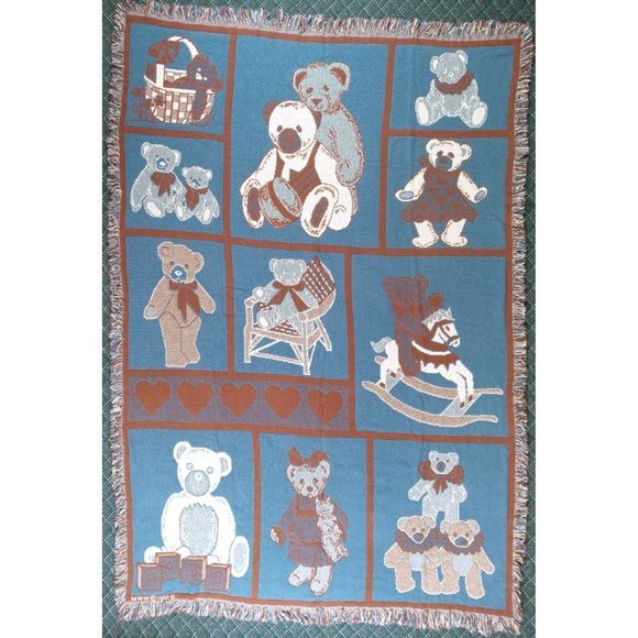 Tapestry Throw Blanket Vintage Teddy Bears Hearts MWW 1992 48" x 71" Fringe Blue - Picture 10 of 11